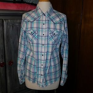 Women's Pearl Snap Shirt Purple Teal MetallicPlaid